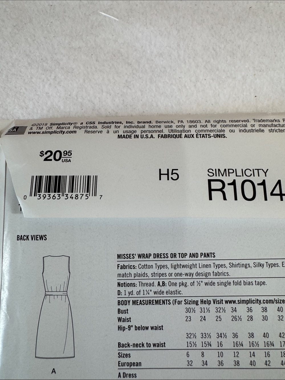 Simplicity R10140 Sewing‎ Pattern New and Uncut - Picture 5 of 5